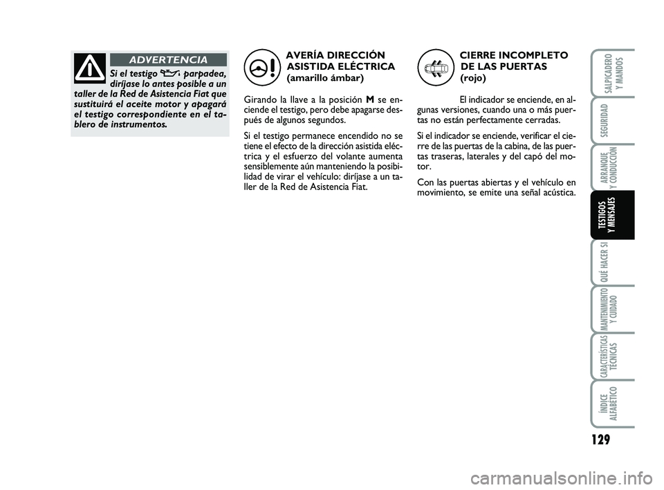 FIAT SCUDO 2013 Manual de Empleo y Cuidado (in Spanish) 129
SEGURIDAD
ARRANQUE
Y CONDUCCIÓN
QUÉ HACER SI
MANTENIMIENTO
Y CUIDADO
CARACTERÍSTICASTÉCNICAS
ÍNDICE
ALFABÉTICO
SALPICADERO
Y MANDOS
TESTIGOS
Y MENSAJES
AVERÍA DIRECCIÓN
ASISTIDA ELÉCT FIAT SCUDO 2013 Manual de Empleo y Cuidado (in Spanish) 129
SEGURIDAD
ARRANQUE
Y CONDUCCIÓN
QUÉ HACER SI
MANTENIMIENTO
Y CUIDADO
CARACTERÍSTICASTÉCNICAS
ÍNDICE
ALFABÉTICO
SALPICADERO
Y MANDOS
TESTIGOS
Y MENSAJES
AVERÍA DIRECCIÓN
ASISTIDA ELÉCT