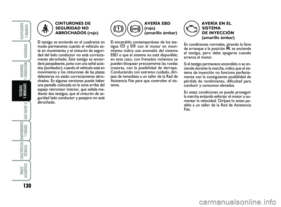 FIAT SCUDO 2013 Manual de Empleo y Cuidado (in Spanish) 130
SEGURIDAD
ARRANQUE
Y CONDUCCIÓN
QUÉ HACER SI
MANTENIMIENTO
Y CUIDADO
CARACTERÍSTICASTÉCNICAS
ÍNDICE
ALFABÉTICO
SALPICADERO
Y MANDOS
TESTIGOS
Y MENSAJES
AVERÍA EBD
(rojo)
(amarillo ámb FIAT SCUDO 2013 Manual de Empleo y Cuidado (in Spanish) 130
SEGURIDAD
ARRANQUE
Y CONDUCCIÓN
QUÉ HACER SI
MANTENIMIENTO
Y CUIDADO
CARACTERÍSTICASTÉCNICAS
ÍNDICE
ALFABÉTICO
SALPICADERO
Y MANDOS
TESTIGOS
Y MENSAJES
AVERÍA EBD
(rojo)
(amarillo ámb