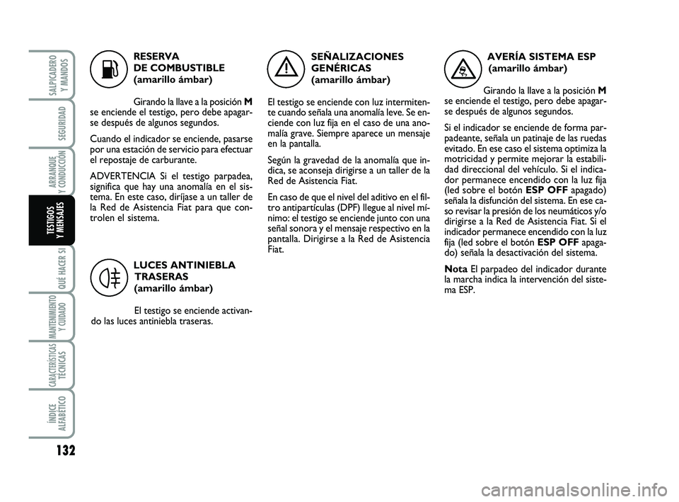 FIAT SCUDO 2013 Manual de Empleo y Cuidado (in Spanish) 132
SEGURIDAD
ARRANQUE
Y CONDUCCIÓN
QUÉ HACER SI
MANTENIMIENTO
Y CUIDADO
CARACTERÍSTICASTÉCNICAS
ÍNDICE
ALFABÉTICO
SALPICADERO
Y MANDOS
TESTIGOS
Y MENSAJES
K
RESERVA
DE COMBUSTIBLE
(amarill FIAT SCUDO 2013 Manual de Empleo y Cuidado (in Spanish) 132
SEGURIDAD
ARRANQUE
Y CONDUCCIÓN
QUÉ HACER SI
MANTENIMIENTO
Y CUIDADO
CARACTERÍSTICASTÉCNICAS
ÍNDICE
ALFABÉTICO
SALPICADERO
Y MANDOS
TESTIGOS
Y MENSAJES
K
RESERVA
DE COMBUSTIBLE
(amarill
