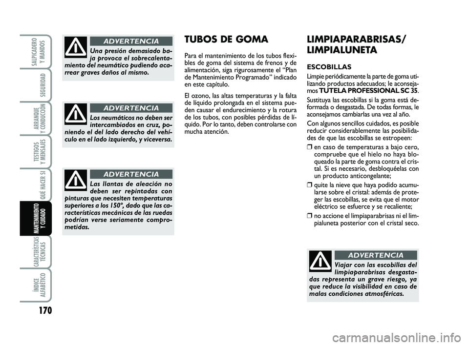 FIAT SCUDO 2013  Manual de Empleo y Cuidado (in Spanish) 170
SEGURIDAD
ARRANQUE 
Y CONDUCCIÓN
TESTIGOS 
Y MENSAJES
CARACTERÍSTICASTÉCNICAS
ÍNDICE 
ALFABÉTICO
SALPICADERO 
Y MANDOS
QUÉ HACER SI
MANTENIMIENTO
Y CUIDADO
LIMPIAPARABRISAS/
LIMPIALUNETA
ESC