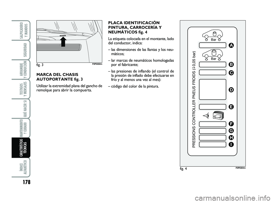 FIAT SCUDO 2013  Manual de Empleo y Cuidado (in Spanish) PLACA IDENTIFICACIÓN
PINTURA, CARROCERÍA Y
NEUMÁTICOS fig. 4
La etiqueta colocada en el montante, lado
del conductor, indica:
– las dimensiones de las llantas y los neu-
máticos;
– lar marcas 
