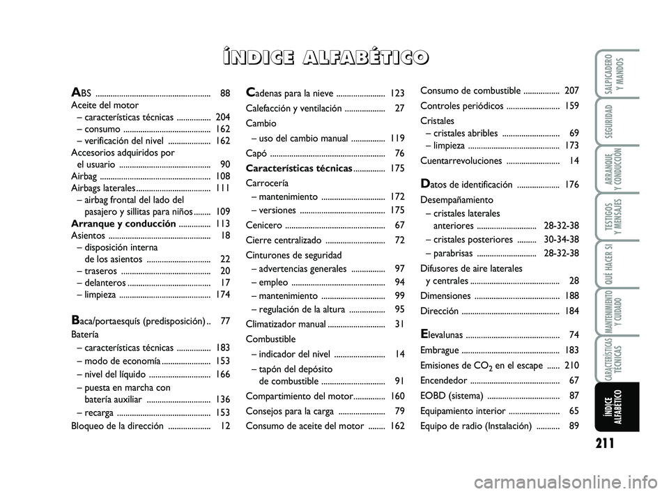 FIAT SCUDO 2013 Manual de Empleo y Cuidado (in Spanish) 211
SEGURIDAD
ARRANQUE
Y CONDUCCIÓN
TESTIGOS
Y MENSAJES
QUÉ HACER SI
MANTENIMIENTO
Y CUIDADO
SALPICADERO
Y MANDOS
CARACTERÍSTICASTÉCNICAS
ÍNDICE
ALFABÉTICO
Cadenas para la nieve ............ FIAT SCUDO 2013 Manual de Empleo y Cuidado (in Spanish) 211
SEGURIDAD
ARRANQUE
Y CONDUCCIÓN
TESTIGOS
Y MENSAJES
QUÉ HACER SI
MANTENIMIENTO
Y CUIDADO
SALPICADERO
Y MANDOS
CARACTERÍSTICASTÉCNICAS
ÍNDICE
ALFABÉTICO
Cadenas para la nieve ............
