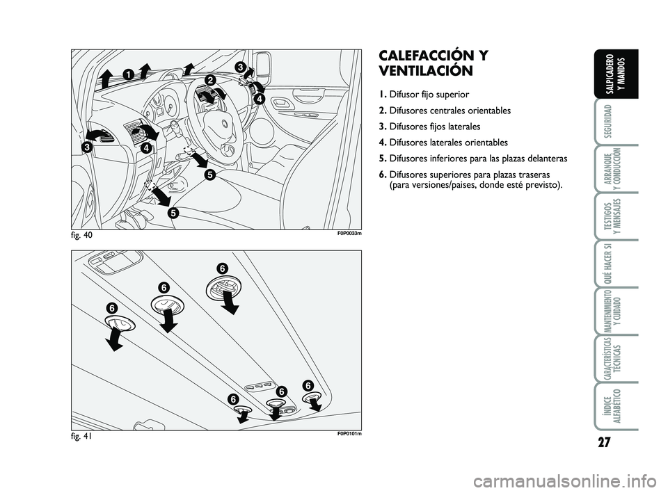 FIAT SCUDO 2013  Manual de Empleo y Cuidado (in Spanish) 27
SEGURIDAD
ARRANQUE 
Y CONDUCCIÓN
TESTIGOS 
Y MENSAJES
QUÉ HACER SI
MANTENIMIENTO
Y CUIDADO
CARACTERÍSTICASTÉCNICAS
ÍNDICE 
ALFABÉTICO
SALPICADERO 
Y MANDOS
CALEFACCIÓN Y
VENTILACIÓN
1.Difus