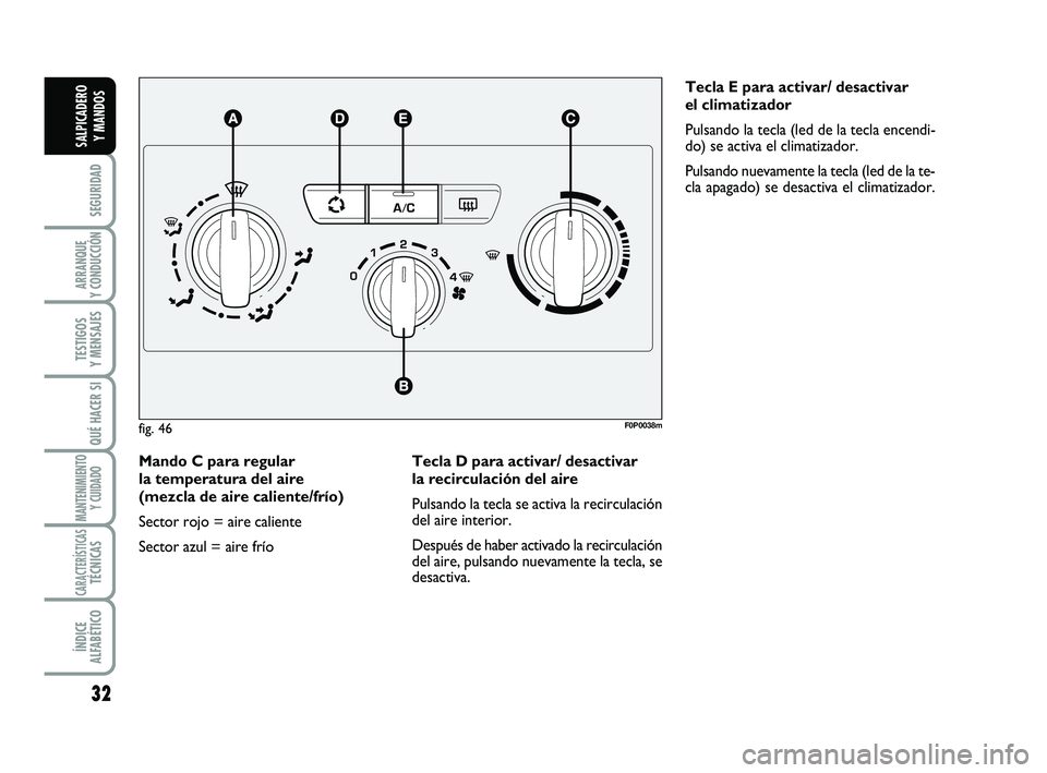 FIAT SCUDO 2013  Manual de Empleo y Cuidado (in Spanish) 32
SEGURIDAD
ARRANQUE 
Y CONDUCCIÓN
TESTIGOS 
Y MENSAJES
QUÉ HACER SI
MANTENIMIENTO
Y CUIDADO
CARACTERÍSTICASTÉCNICAS
ÍNDICE 
ALFABÉTICO
SALPICADERO 
Y MANDOS
Mando C para regular 
la temperatur