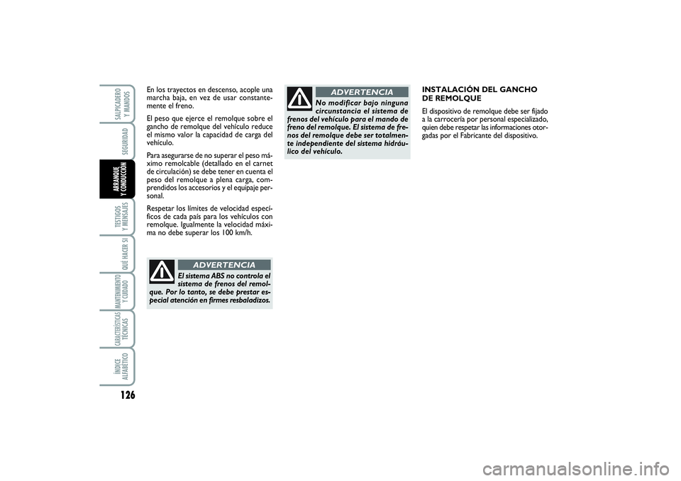 FIAT SCUDO 2014  Manual de Empleo y Cuidado (in Spanish) 126SEGURIDADTESTIGOS 
Y MENSAJESQUÉ HACER SIMANTENIMIENTO
Y CUIDADOCARACTERÍSTICASTÉCNICASÍNDICE 
ALFABÉTICOSALPICADERO 
Y MANDOSARRANQUE 
Y CONDUCCIÓN
INSTALACIÓN DEL GANCHO  
DE REMOLQUE
El d