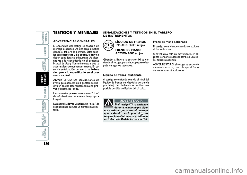 FIAT SCUDO 2014  Manual de Empleo y Cuidado (in Spanish) 130SEGURIDADARRANQUE 
Y CONDUCCIÓNQUÉ HACER SIMANTENIMIENTO
Y CUIDADOCARACTERÍSTICASTÉCNICASÍNDICE 
ALFABÉTICOSALPICADERO 
Y MANDOSTESTIGOS 
Y MENSAJES
TESTIGOS Y MENSAJESADVERTENCIAS GENERALES
