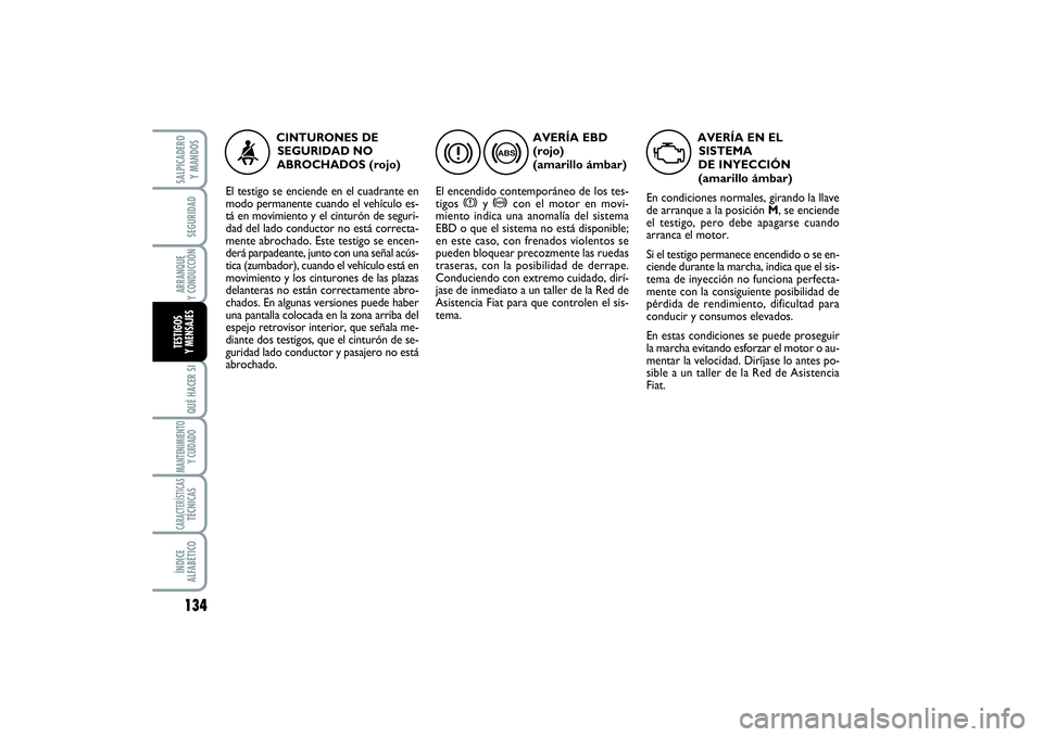 FIAT SCUDO 2014  Manual de Empleo y Cuidado (in Spanish) 134SEGURIDADARRANQUE 
Y CONDUCCIÓNQUÉ HACER SIMANTENIMIENTO
Y CUIDADOCARACTERÍSTICASTÉCNICASÍNDICE 
ALFABÉTICOSALPICADERO 
Y MANDOSTESTIGOS 
Y MENSAJES
AVERÍA EBD
(rojo) 
(amarillo ámbar)
El e