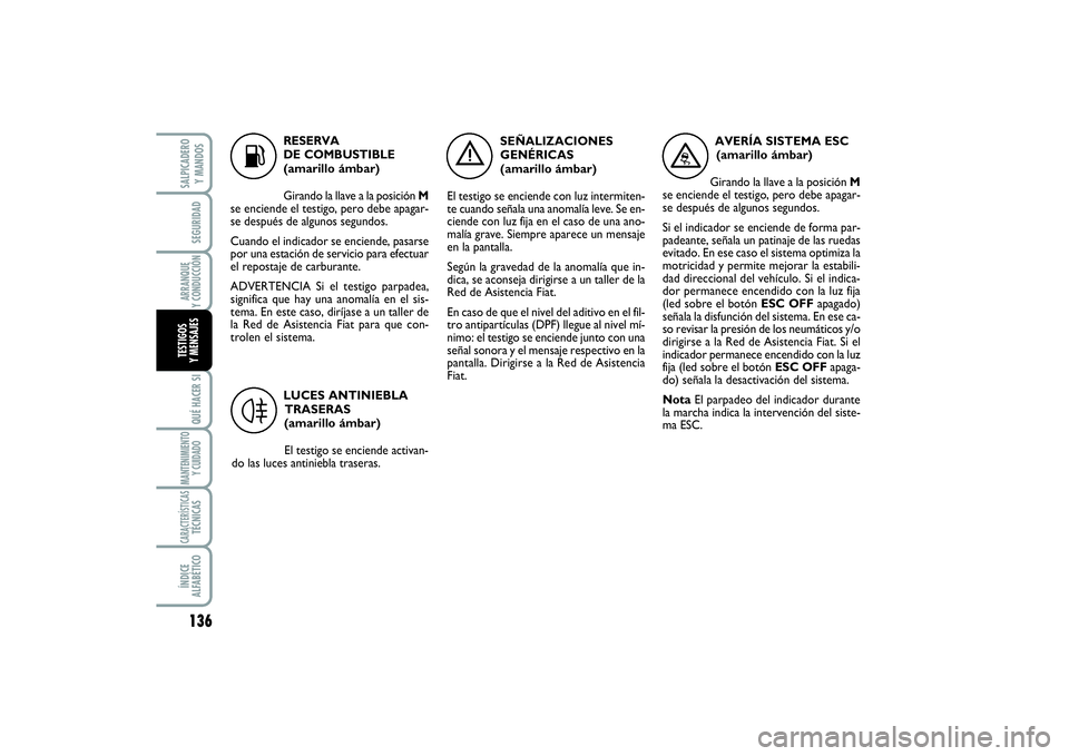 FIAT SCUDO 2014  Manual de Empleo y Cuidado (in Spanish) 136SEGURIDADARRANQUE 
Y CONDUCCIÓNQUÉ HACER SIMANTENIMIENTO
Y CUIDADOCARACTERÍSTICASTÉCNICASÍNDICE 
ALFABÉTICOSALPICADERO 
Y MANDOSTESTIGOS 
Y MENSAJES
K
RESERVA 
DE COMBUSTIBLE
(amarillo ámbar