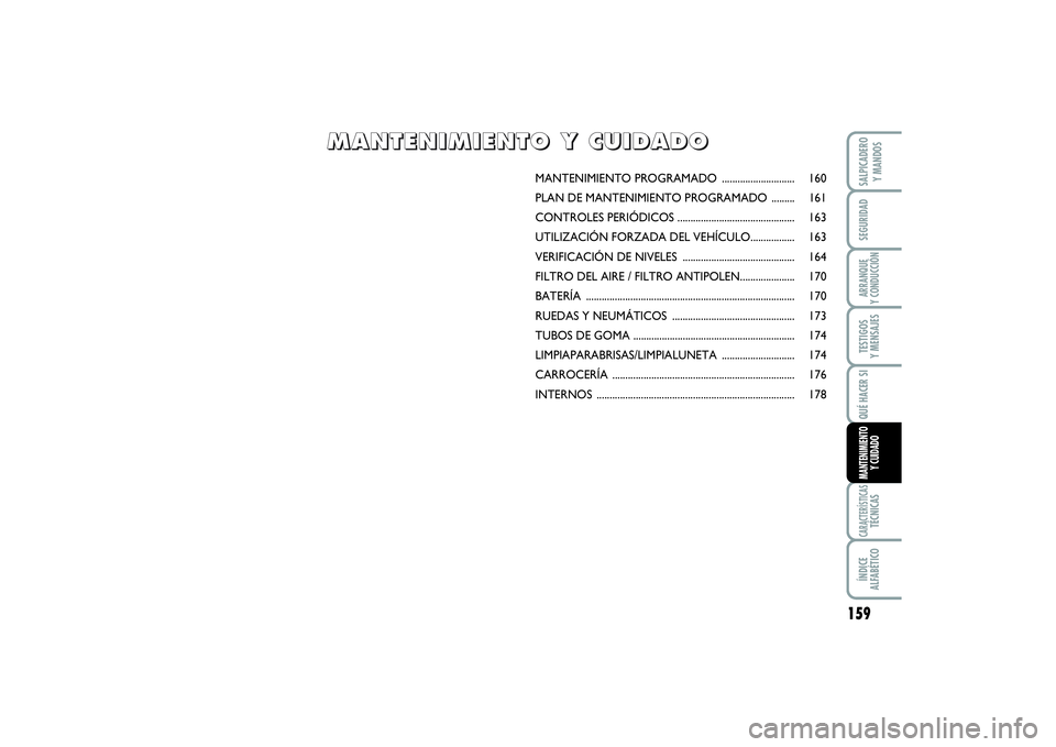 FIAT SCUDO 2014  Manual de Empleo y Cuidado (in Spanish) 159
SEGURIDADARRANQUE 
Y CONDUCCIÓNTESTIGOS 
Y MENSAJESCARACTERÍSTICASTÉCNICASÍNDICE 
ALFABÉTICOSALPICADERO 
Y MANDOSQUÉ HACER SIMANTENIMIENTO
Y CUIDADO
MANTENIMIENTO PROGRAMADO ................