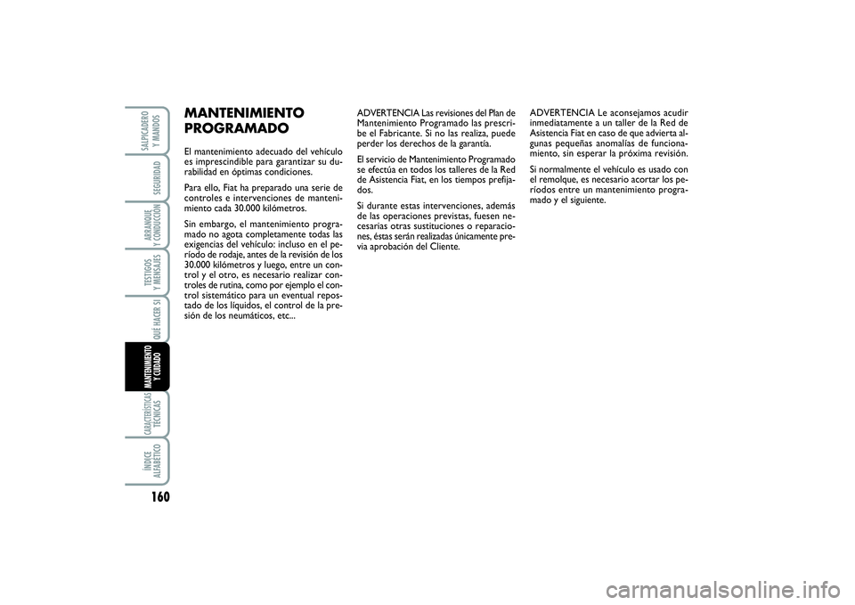 FIAT SCUDO 2014  Manual de Empleo y Cuidado (in Spanish) 160SEGURIDADARRANQUE 
Y CONDUCCIÓNTESTIGOS 
Y MENSAJESCARACTERÍSTICASTÉCNICASÍNDICE 
ALFABÉTICOSALPICADERO 
Y MANDOS
QUÉ HACER SIMANTENIMIENTO
Y CUIDADO
ADVERTENCIA Las revisiones del Plan de
Ma