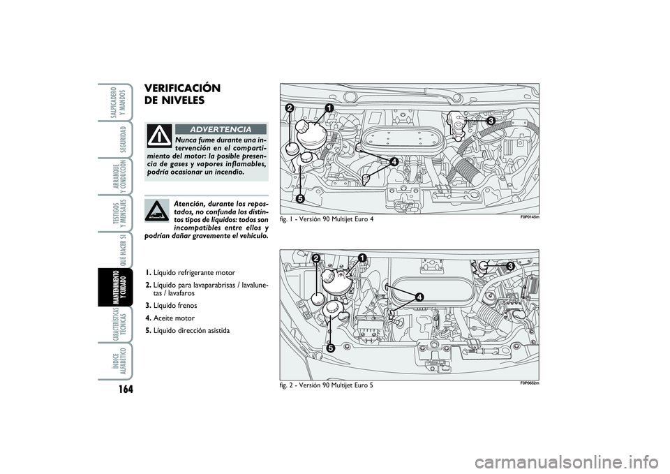 FIAT SCUDO 2014  Manual de Empleo y Cuidado (in Spanish) 164SEGURIDADARRANQUE 
Y CONDUCCIÓNTESTIGOS 
Y MENSAJESCARACTERÍSTICASTÉCNICASÍNDICE 
ALFABÉTICOSALPICADERO 
Y MANDOS
QUÉ HACER SIMANTENIMIENTO
Y CUIDADO
VERIFICACIÓN 
DE NIVELES
fig. 1 - Versi