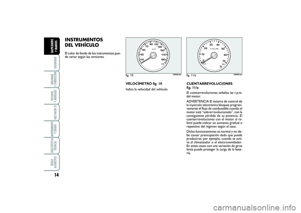 FIAT SCUDO 2014  Manual de Empleo y Cuidado (in Spanish) 14SEGURIDADARRANQUE 
Y CONDUCCIÓNTESTIGOS 
Y MENSAJESQUÉ HACER SIMANTENIMIENTO
Y CUIDADOCARACTERÍSTICASTÉCNICASÍNDICE 
ALFABÉTICOSALPICADERO 
Y MANDOS
INSTRUMENTOS 
DEL VEHÍCULO El color de fon
