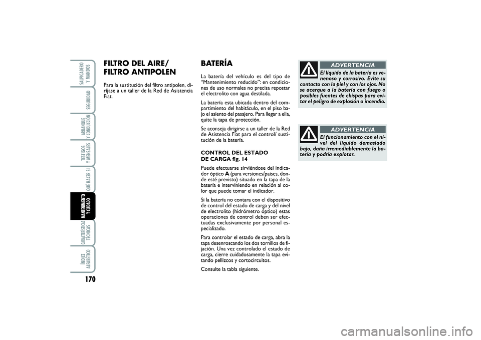 FIAT SCUDO 2014  Manual de Empleo y Cuidado (in Spanish) 170SEGURIDADARRANQUE 
Y CONDUCCIÓNTESTIGOS 
Y MENSAJESCARACTERÍSTICASTÉCNICASÍNDICE 
ALFABÉTICOSALPICADERO 
Y MANDOS
QUÉ HACER SIMANTENIMIENTO
Y CUIDADO
BATERÍALa batería del vehículo es del 