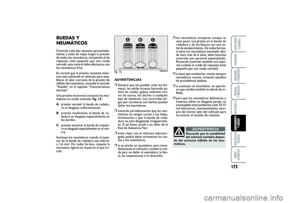 FIAT SCUDO 2014  Manual de Empleo y Cuidado (in Spanish) 173
SEGURIDADARRANQUE 
Y CONDUCCIÓNTESTIGOS 
Y MENSAJESCARACTERÍSTICASTÉCNICASÍNDICE 
ALFABÉTICOSALPICADERO 
Y MANDOSQUÉ HACER SIMANTENIMIENTO
Y CUIDADO
RUEDAS Y
NEUMÁTICOSControle cada dos sem