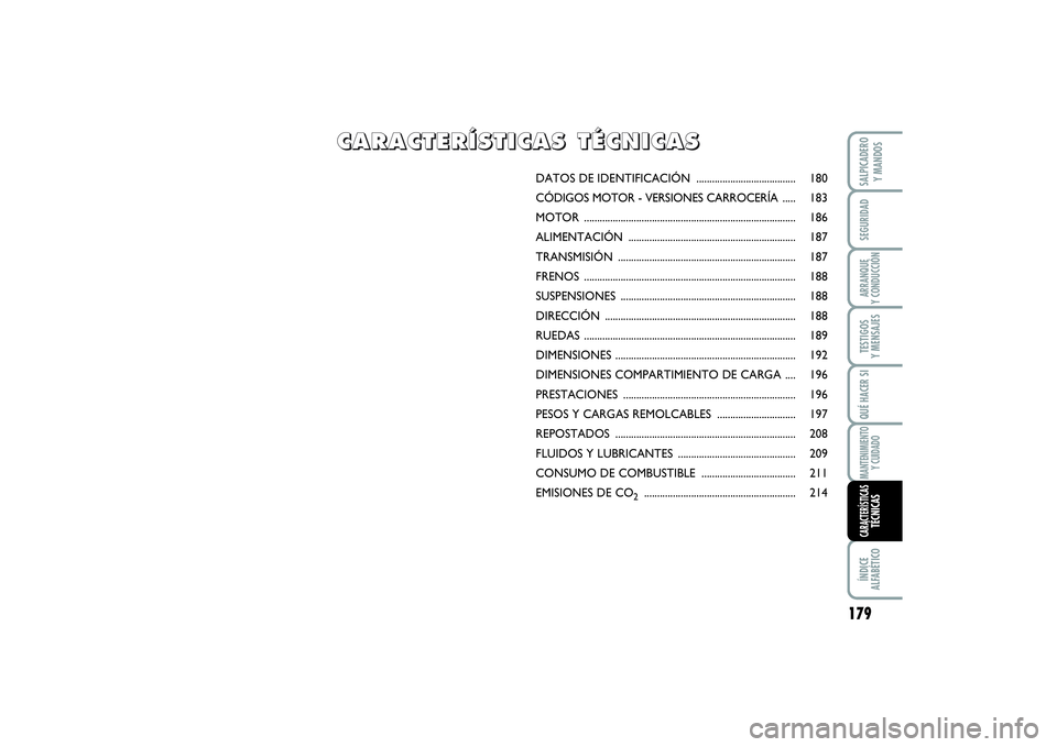 FIAT SCUDO 2014  Manual de Empleo y Cuidado (in Spanish) DATOS DE IDENTIFICACIÓN  ...................................... 180
CÓDIGOS MOTOR - VERSIONES CARROCERÍA..... 183
MOTOR .............................................................................