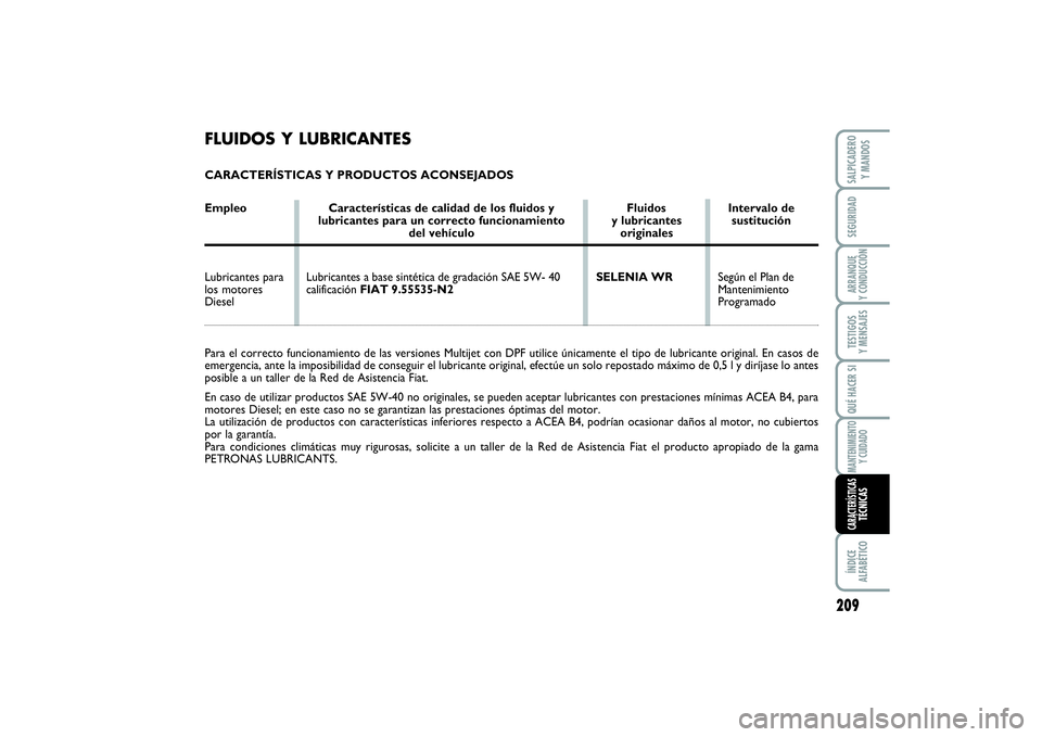 FIAT SCUDO 2014  Manual de Empleo y Cuidado (in Spanish) Según el Plan de
Mantenimiento 
Programado
FLUIDOS Y LUBRICANTESCARACTERÍSTICAS Y PRODUCTOS ACONSEJADOS
Empleo  Características de calidad de los fluidos y  Fluidos  Intervalo de
lubricantes para u