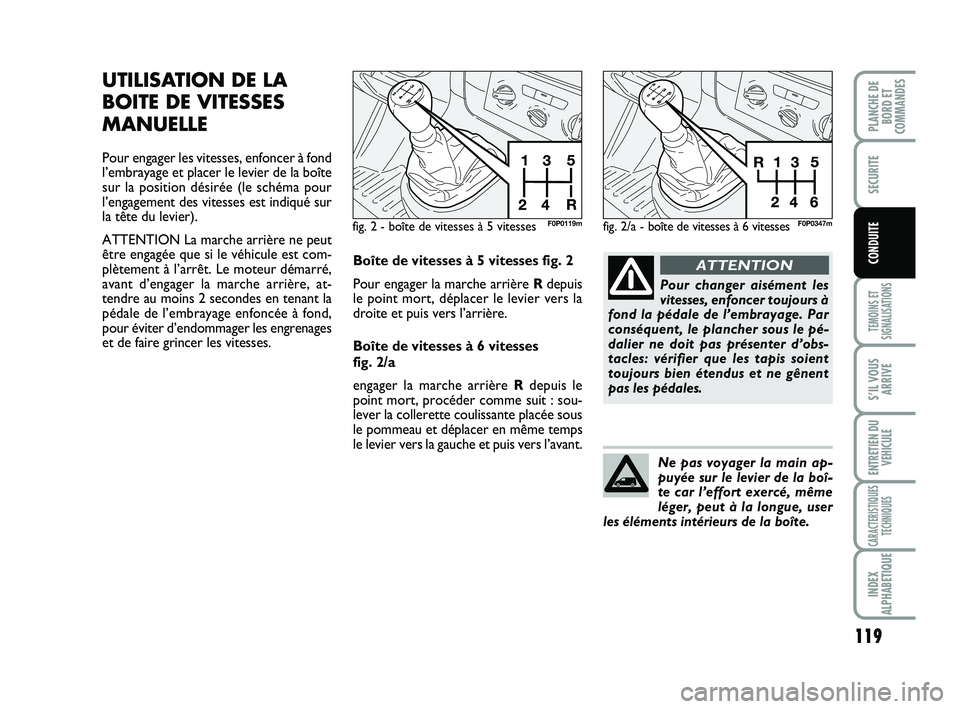 FIAT SCUDO 2013  Notice dentretien (in French) 119
TEMOINS ET
SIGNALISATIONS
S’IL VOUS
ARRIVE
ENTRETIEN DU
VEHICULE
CARACTERISTIQUES
TECHNIQUES
INDEX
ALPHABETIQUE
PLANCHE DE
BORD ET
COMMANDES
SECURITE
CONDUITE
UTILISATION DE LA
BOITE DE VITESSES