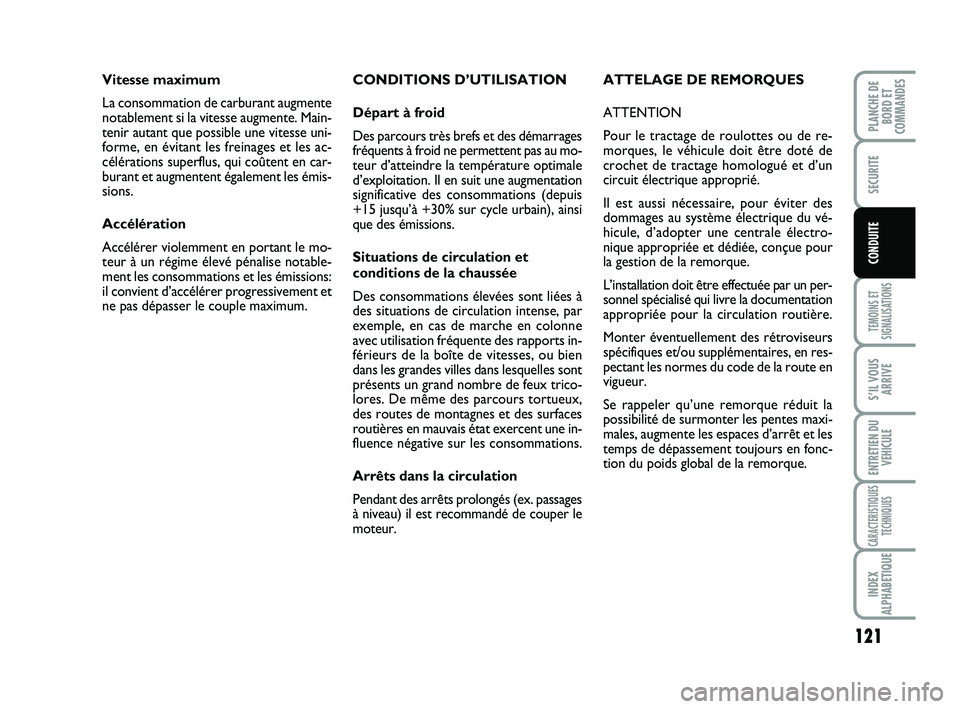 FIAT SCUDO 2013  Notice dentretien (in French) 121
TEMOINS ET
SIGNALISATIONS
S’IL VOUS
ARRIVE
ENTRETIEN DU
VEHICULE
CARACTERISTIQUES
TECHNIQUES
INDEX
ALPHABETIQUE
PLANCHE DE
BORD ET
COMMANDES
SECURITE
CONDUITE
CONDITIONS D’UTILISATION
Départ 