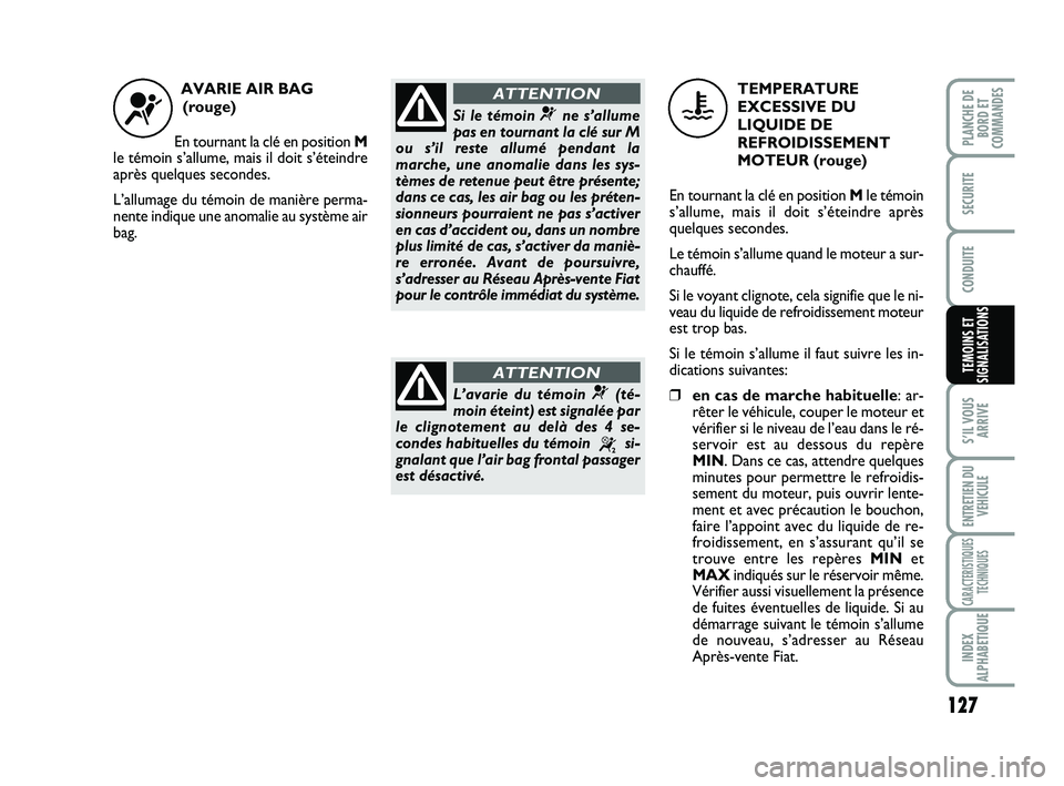 FIAT SCUDO 2013 Notice dentretien (in French) 127
S’IL VOUS
ARRIVE
ENTRETIEN DU
VEHICULE
CARACTERISTIQUES
TECHNIQUES
INDEX
ALPHABETIQUE
PLANCHE DE
BORD ET
COMMANDES
SECURITE
CONDUITE
TEMOINS ET
SIGNALISATIONS
AVARIE AIR BAG
(rouge)
En tournant FIAT SCUDO 2013 Notice dentretien (in French) 127
S’IL VOUS
ARRIVE
ENTRETIEN DU
VEHICULE
CARACTERISTIQUES
TECHNIQUES
INDEX
ALPHABETIQUE
PLANCHE DE
BORD ET
COMMANDES
SECURITE
CONDUITE
TEMOINS ET
SIGNALISATIONS
AVARIE AIR BAG
(rouge)
En tournant