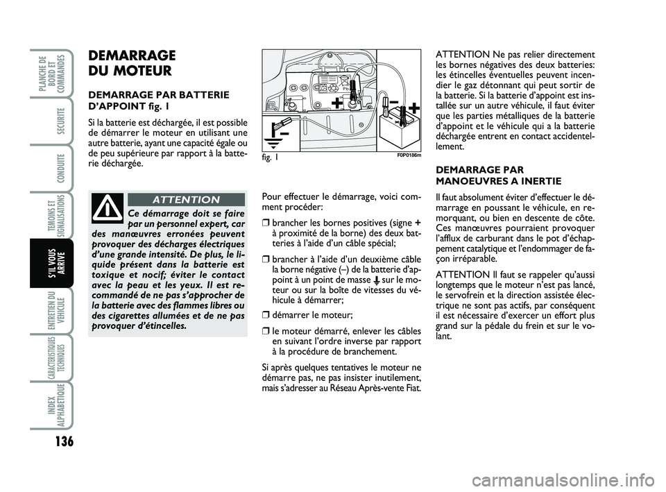 FIAT SCUDO 2013 Notice dentretien (in French) 136
TEMOINS ET
SIGNALISATIONS
ENTRETIEN DU
VEHICULE
CARACTERISTIQUES
TECHNIQUES
INDEX
ALPHABETIQUE
PLANCHE DE
BORD ET
COMMANDES
SECURITE
CONDUITE
S’IL VOUS
ARRIVE
DEMARRAGE
DU MOTEUR
DEMARRAGE PAR FIAT SCUDO 2013 Notice dentretien (in French) 136
TEMOINS ET
SIGNALISATIONS
ENTRETIEN DU
VEHICULE
CARACTERISTIQUES
TECHNIQUES
INDEX
ALPHABETIQUE
PLANCHE DE
BORD ET
COMMANDES
SECURITE
CONDUITE
S’IL VOUS
ARRIVE
DEMARRAGE
DU MOTEUR
DEMARRAGE PAR