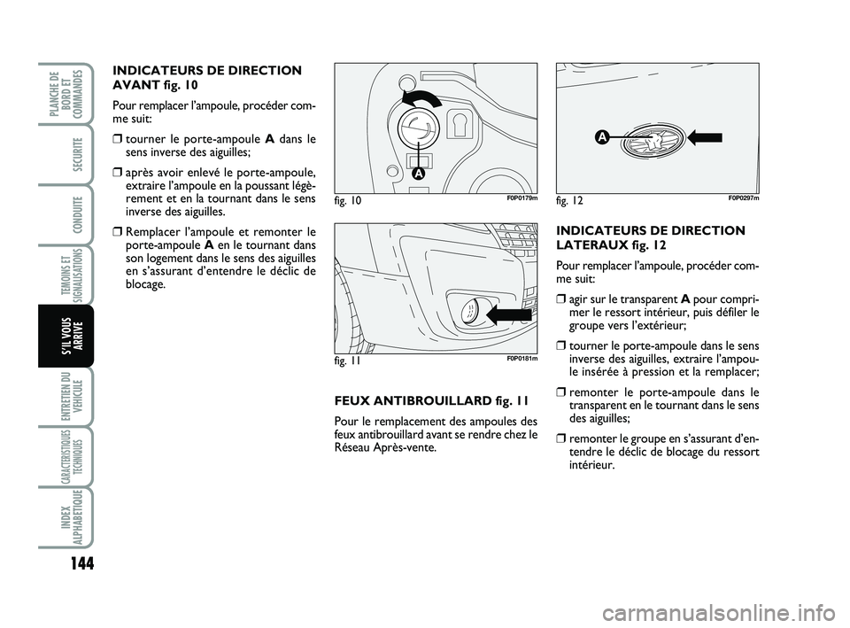 FIAT SCUDO 2013  Notice dentretien (in French) 144
TEMOINS ET
SIGNALISATIONS
ENTRETIEN DU
VEHICULE
CARACTERISTIQUES
TECHNIQUES
INDEX
ALPHABETIQUE
PLANCHE DE
BORD ET
COMMANDES
SECURITE
CONDUITE
S’IL VOUS
ARRIVE
INDICATEURS DE DIRECTION
AVANT fig.