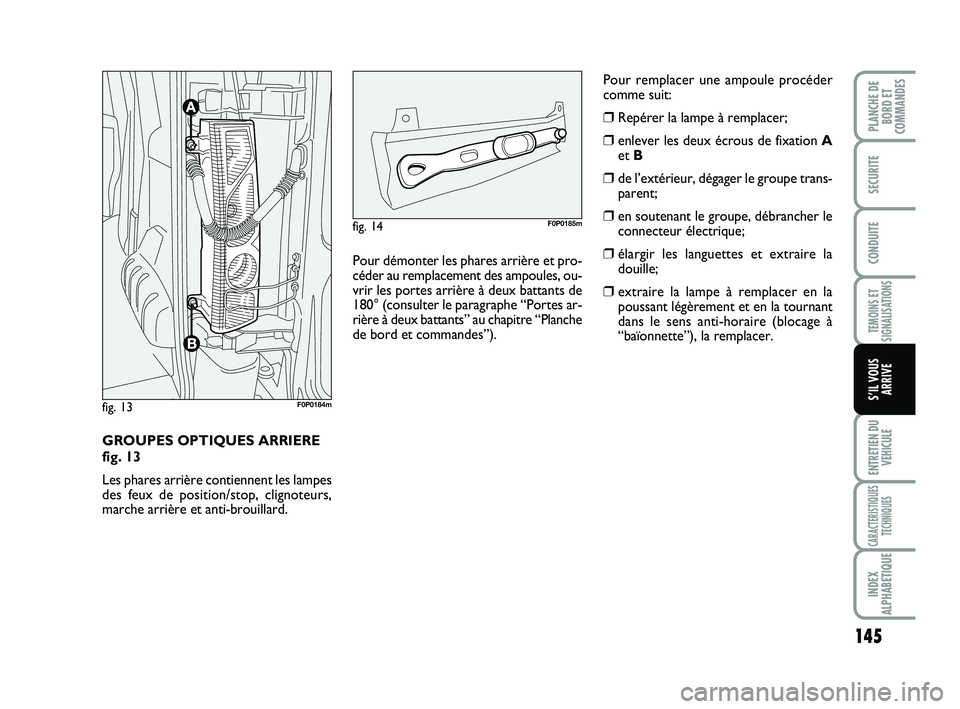 FIAT SCUDO 2013  Notice dentretien (in French) 145
TEMOINS ET
SIGNALISATIONS
ENTRETIEN DU
VEHICULE
CARACTERISTIQUES
TECHNIQUES
INDEX
ALPHABETIQUE
PLANCHE DE
BORD ET
COMMANDES 
SECURITE
CONDUITE
S’IL VOUS
ARRIVE
GROUPES OPTIQUES ARRIERE 
fig. 13
