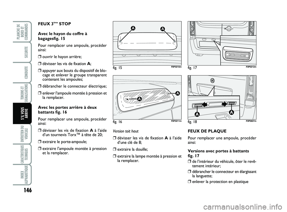 FIAT SCUDO 2013  Notice dentretien (in French) 146
TEMOINS ET
SIGNALISATIONS
ENTRETIEN DU
VEHICULE
CARACTERISTIQUES
TECHNIQUES
INDEX
ALPHABETIQUE
PLANCHE DE
BORD ET
COMMANDES
SECURITE
CONDUITE
S’IL VOUS
ARRIVE
Version toit haut
❒dévisser les 