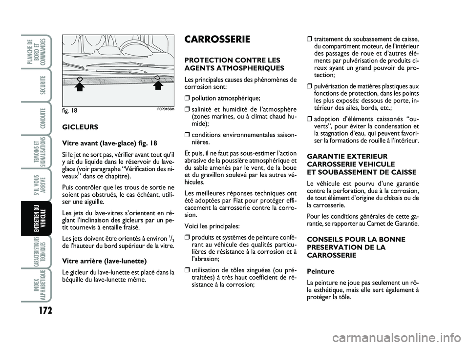 FIAT SCUDO 2013  Notice dentretien (in French) 172
TEMOINS ET
SIGNALISATIONS
CARACTERISTIQUES
TECHNIQUES
INDEX
ALPHABETIQUE
PLANCHE DE
BORD ET
COMMANDES
SECURITE
CONDUITE
S’IL VOUS
ARRIVE
ENTRETIEN DU
VEHICULE
❒traitement du soubassement de ca