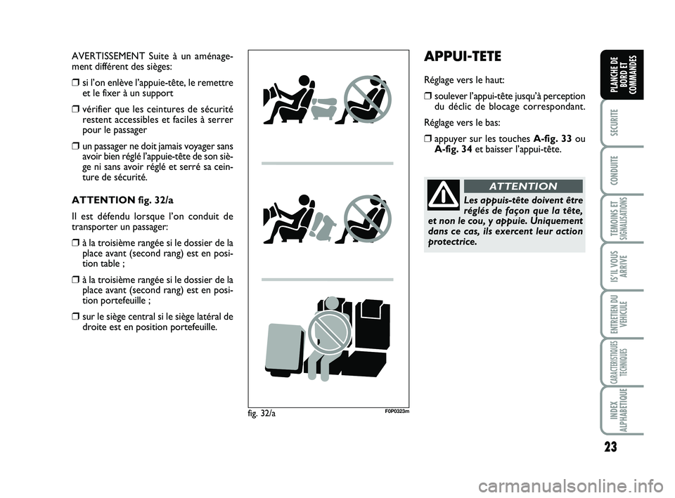 FIAT SCUDO 2013 Notice dentretien (in French) 23
SECURITE
CONDUITE
TEMOINS ETSIGNALISATIONS
IS’IL VOUS
ARRIVE
ENTRETIEN DU
VEHICULE
CARACTERISTIQUES
TECHNIQUES
INDEX
ALPHABETIQUE
PLANCHE DE
BORD ET
COMMANDES
AVERTISSEMENT Suite à un aménage-
FIAT SCUDO 2013 Notice dentretien (in French) 23
SECURITE
CONDUITE
TEMOINS ETSIGNALISATIONS
IS’IL VOUS
ARRIVE
ENTRETIEN DU
VEHICULE
CARACTERISTIQUES
TECHNIQUES
INDEX
ALPHABETIQUE
PLANCHE DE
BORD ET
COMMANDES
AVERTISSEMENT Suite à un aménage-