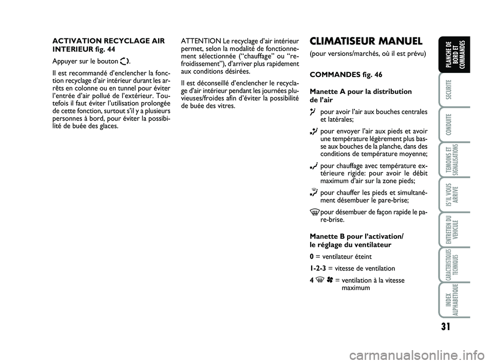 FIAT SCUDO 2013 Notice dentretien (in French) 31
SECURITE
CONDUITE
TEMOINS ETSIGNALISATIONS
IS’IL VOUS
ARRIVE
ENTRETIEN DU
VEHICULE
CARACTERISTIQUES
TECHNIQUES
INDEX
ALPHABETIQUE
PLANCHE DE
BORD ET
COMMANDES
CLIMATISEUR MANUEL
(pour versions/ma FIAT SCUDO 2013 Notice dentretien (in French) 31
SECURITE
CONDUITE
TEMOINS ETSIGNALISATIONS
IS’IL VOUS
ARRIVE
ENTRETIEN DU
VEHICULE
CARACTERISTIQUES
TECHNIQUES
INDEX
ALPHABETIQUE
PLANCHE DE
BORD ET
COMMANDES
CLIMATISEUR MANUEL
(pour versions/ma