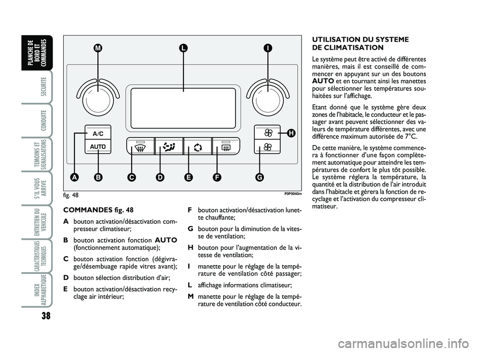 FIAT SCUDO 2013 Notice dentretien (in French) 38
SECURITE
CONDUITE
TEMOINS ETSIGNALISATIONS
S’IL VOUS
ARRIVE
ENTRETIEN DU
VEHICULE
CARACTERISTIQUES
TECHNIQUES
INDEX
ALPHABETIQUE
PLANCHE DE
BORD ET
COMMANDES
COMMANDES fig. 48
Abouton activation/ FIAT SCUDO 2013 Notice dentretien (in French) 38
SECURITE
CONDUITE
TEMOINS ETSIGNALISATIONS
S’IL VOUS
ARRIVE
ENTRETIEN DU
VEHICULE
CARACTERISTIQUES
TECHNIQUES
INDEX
ALPHABETIQUE
PLANCHE DE
BORD ET
COMMANDES
COMMANDES fig. 48
Abouton activation/