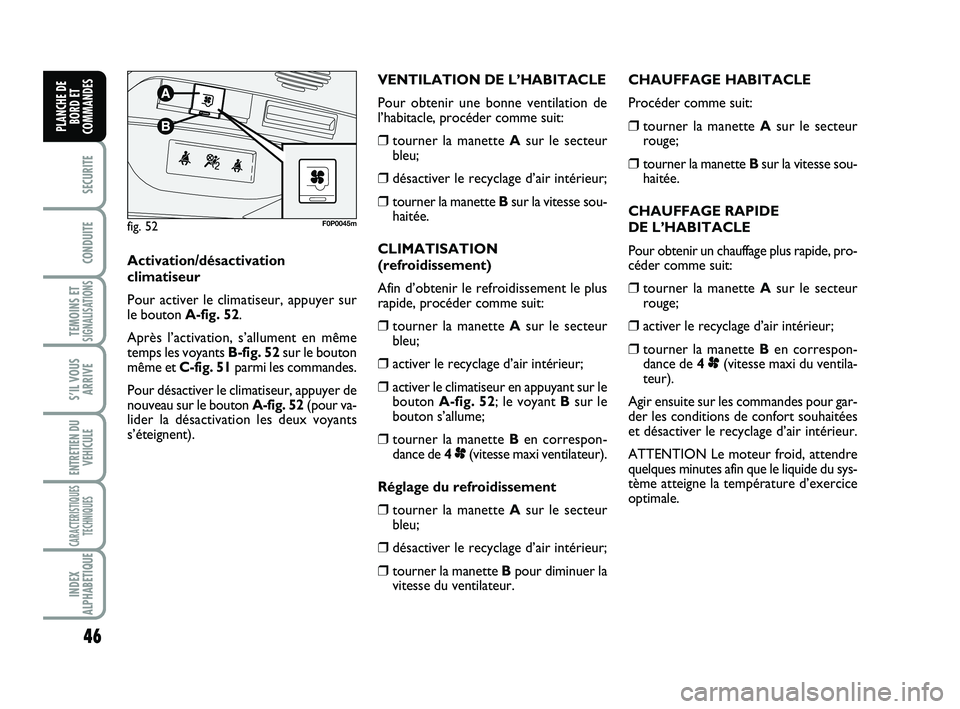 FIAT SCUDO 2013 Notice dentretien (in French) 46
SECURITE
CONDUITE
TEMOINS ETSIGNALISATIONS
S’IL VOUS
ARRIVE
ENTRETIEN DU
VEHICULE
CARACTERISTIQUES
TECHNIQUES
INDEX
ALPHABETIQUE
PLANCHE DE
BORD ET
COMMANDES
CHAUFFAGE HABITACLE
Procéder comme s FIAT SCUDO 2013 Notice dentretien (in French) 46
SECURITE
CONDUITE
TEMOINS ETSIGNALISATIONS
S’IL VOUS
ARRIVE
ENTRETIEN DU
VEHICULE
CARACTERISTIQUES
TECHNIQUES
INDEX
ALPHABETIQUE
PLANCHE DE
BORD ET
COMMANDES
CHAUFFAGE HABITACLE
Procéder comme s