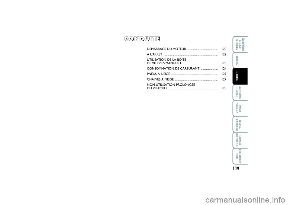 FIAT SCUDO 2015  Notice dentretien (in French) 119
TEMOINS ET
SIGNALISATIONSS’IL VOUS
ARRIVEENTRETIEN DU
VEHICULECARACTERISTIQUES
TECHNIQUESINDEX
ALPHABETIQUEPLANCHE DE
BORD ET
COMMANDESSECURITECONDUITE
DEMARRAGE DU MOTEUR  .....................