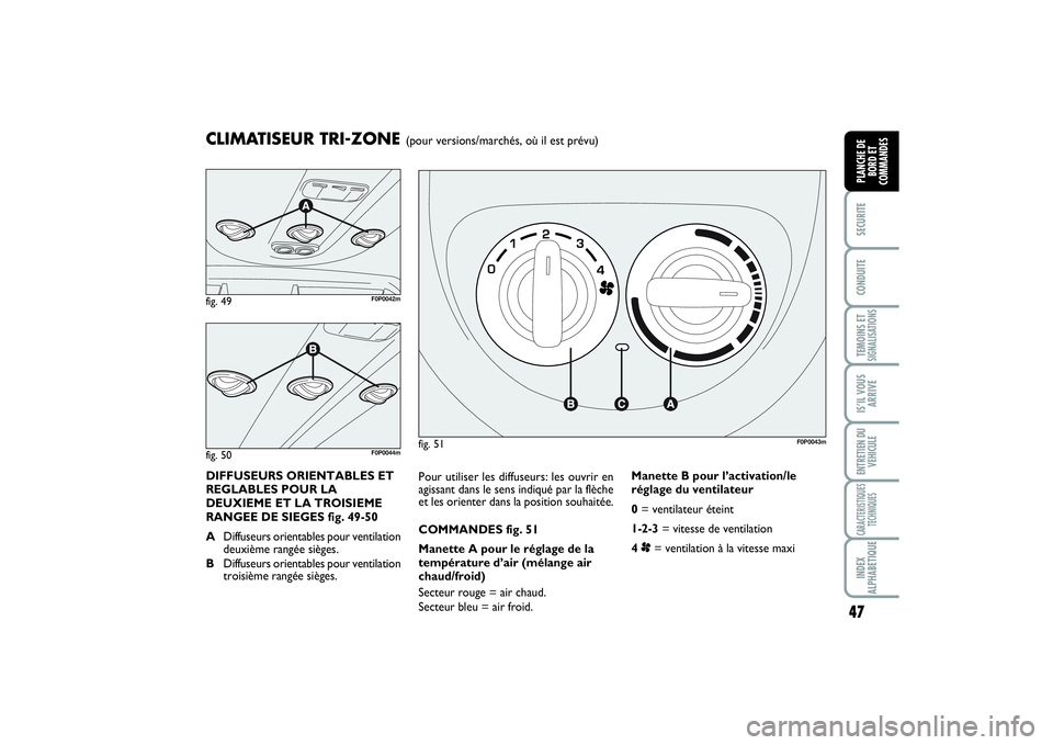 FIAT SCUDO 2015  Notice dentretien (in French) 47
SECURITECONDUITETEMOINS ETSIGNALISATIONSIS’IL VOUS
ARRIVEENTRETIEN DU
VEHICULECARACTERISTIQUES
TECHNIQUESINDEX
ALPHABETIQUEPLANCHE DE
BORD ET
COMMANDES
Pour utiliser les diffuseurs: les ouvrir en