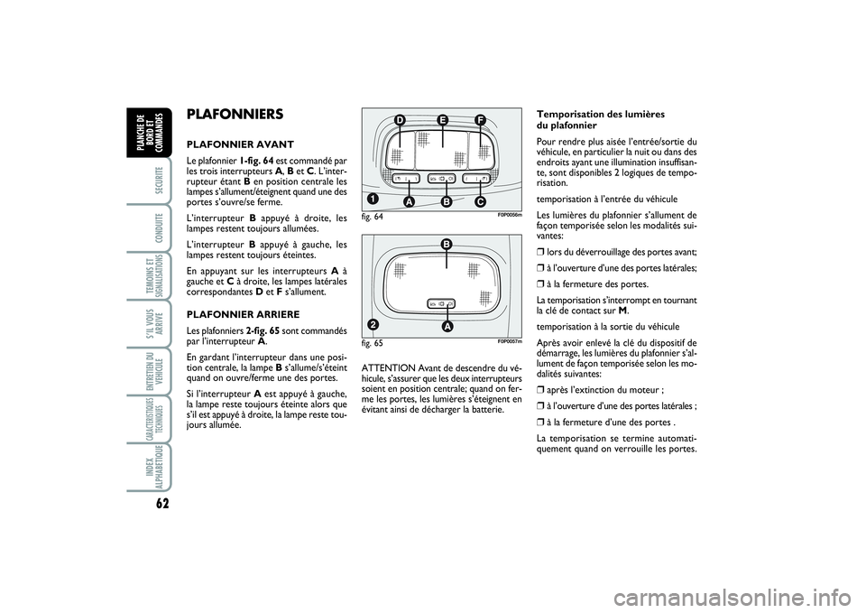 FIAT SCUDO 2015  Notice dentretien (in French) 62SECURITECONDUITETEMOINS ETSIGNALISATIONSS’IL VOUS
ARRIVEENTRETIEN DU
VEHICULECARACTERISTIQUES
TECHNIQUESINDEX
ALPHABETIQUEPLANCHE DE
BORD ET
COMMANDES
PLAFONNIERSPLAFONNIER AVANT
Le plafonnier 1-f