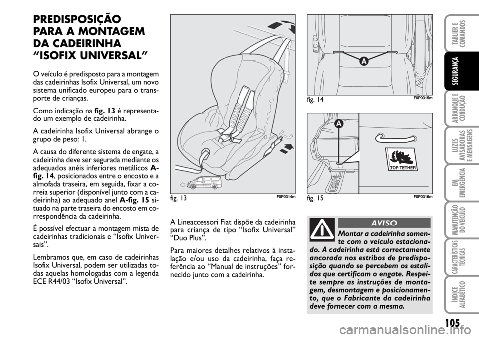 FIAT SCUDO 2010  Manual de Uso e Manutenção (in Portuguese) 105
ARRANQUE E 
CONDUÇÃO
LUZES
AVISADORAS 
E MENSAGENS
EM
EMERGÊNCIA
MANUTENÇÃO
DO VEÍCULO
CARACTERÍSTICAS
TÉCNICAS
ÍNDICE
ALFABÉTICO
TABLIER E 
COMANDOS
SEGURANÇA
PREDISPOSIÇÃO
PARA A MO