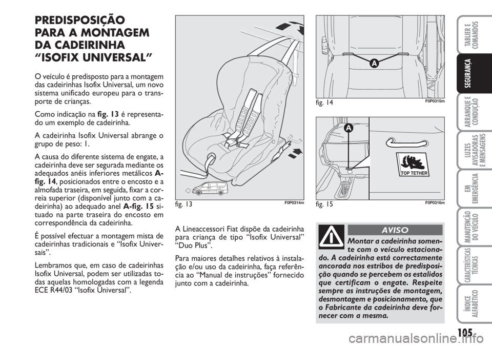 FIAT SCUDO 2011  Manual de Uso e Manutenção (in Portuguese) 105
ARRANQUE E 
CONDUÇÃO
LUZES
AVISADORAS 
E MENSAGENS
EM
EMERGÊNCIA
MANUTENÇÃO
DO VEÍCULO
CARACTERÍSTICAS
TÉCNICAS
ÍNDICE
ALFABÉTICO
TABLIER E 
COMANDOS
SEGURANÇA
PREDISPOSIÇÃO
PARA A MO