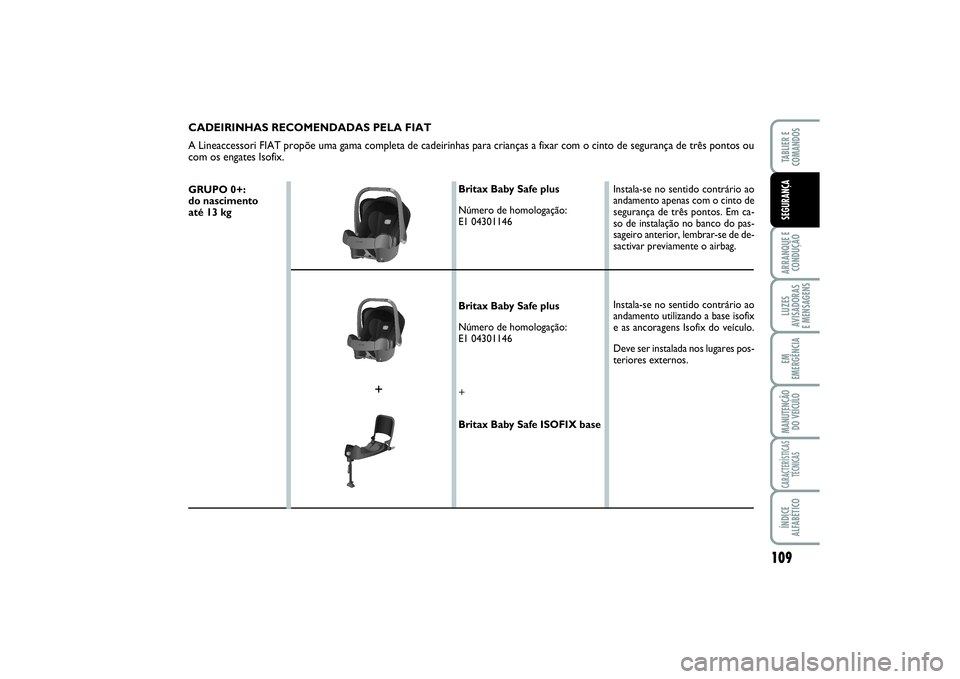 FIAT SCUDO 2015  Manual de Uso e Manutenção (in Portuguese) 109
ARRANQUE E 
CONDUÇÃOLUZES
AVISADORAS 
E MENSAGENSEM
EMERGÊNCIAMANUTENÇÃO
DO VEÍCULOCARACTERÍSTICAS
TÉCNICASÍNDICE
ALFABÉTICOTABLIER E 
COMANDOSSEGURANÇA
CADEIRINHAS RECOMENDADAS PELA FI