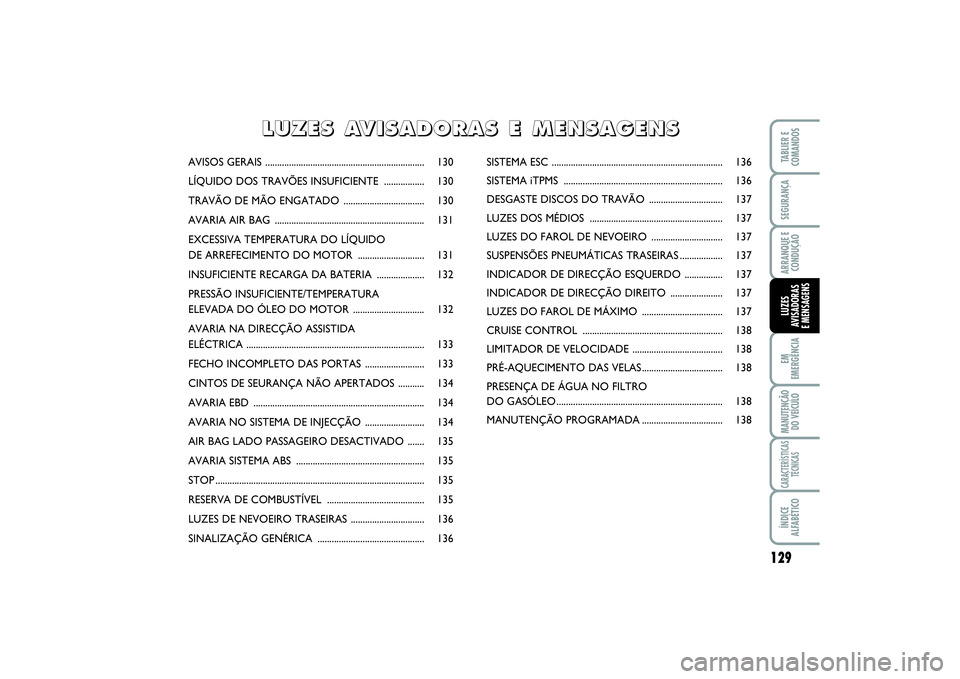 FIAT SCUDO 2016  Manual de Uso e Manutenção (in Portuguese) 129
EM
EMERGÊNCIAMANUTENÇÃO
DO VEÍCULOCARACTERÍSTICAS
TÉCNICASÍNDICE
ALFABÉTICOTABLIER E
COMANDOSSEGURANÇAARRANQUE E
CONDUÇÃOLUZES
AVISADORAS 
E MENSAGENS
AVISOS GERAIS ....................