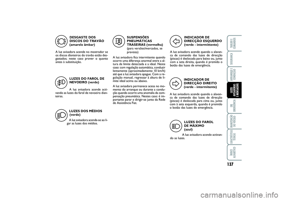 FIAT SCUDO 2015 Manual de Uso e Manutenção (in Portuguese) 137
EM
EMERGÊNCIAMANUTENÇÃO
DO VEÍCULOCARACTERÍSTICAS
TÉCNICASÍNDICE
ALFABÉTICOTABLIER E
COMANDOSSEGURANÇAARRANQUE E
CONDUÇÃOLUZES
AVISADORAS
E MENSAGENS
DESGASTE DOS
DISCOS DO TRAVÃO
(a FIAT SCUDO 2015 Manual de Uso e Manutenção (in Portuguese) 137
EM
EMERGÊNCIAMANUTENÇÃO
DO VEÍCULOCARACTERÍSTICAS
TÉCNICASÍNDICE
ALFABÉTICOTABLIER E
COMANDOSSEGURANÇAARRANQUE E
CONDUÇÃOLUZES
AVISADORAS
E MENSAGENS
DESGASTE DOS
DISCOS DO TRAVÃO
(a