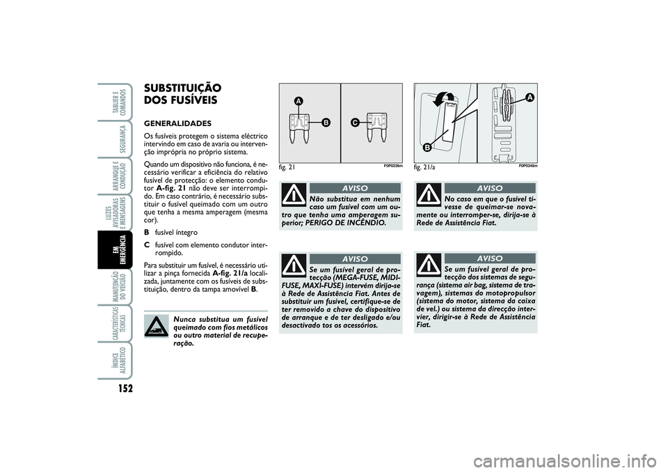 FIAT SCUDO 2015 Manual de Uso e Manutenção (in Portuguese) 152LUZES
AVISADORAS
E MENSAGENSMANUTENÇÃO
DO VEÍCULOCARACTERÍSTICAS
TÉCNICASÍNDICE
ALFABÉTICOTABLIER E
COMANDOSSEGURANÇAARRANQUE E
CONDUÇÃOEM
EMERGÊNCIA
fig. 21
F0P0236m
Não substitua em FIAT SCUDO 2015 Manual de Uso e Manutenção (in Portuguese) 152LUZES
AVISADORAS
E MENSAGENSMANUTENÇÃO
DO VEÍCULOCARACTERÍSTICAS
TÉCNICASÍNDICE
ALFABÉTICOTABLIER E
COMANDOSSEGURANÇAARRANQUE E
CONDUÇÃOEM
EMERGÊNCIA
fig. 21
F0P0236m
Não substitua em