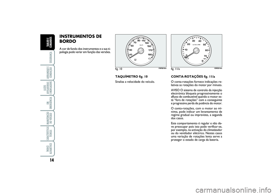 FIAT SCUDO 2015 Manual de Uso e Manutenção (in Portuguese) INSTRUMENTOS DE
BORDO A cor de fundo dos instrumentos e a sua ti-
pologia pode variar em função das versões.
TAQUÍMETRO fig. 10
Sinaliza a velocidade do veículo.CONTA-ROTAÇÕES fig. 11/a
O conta FIAT SCUDO 2015 Manual de Uso e Manutenção (in Portuguese) INSTRUMENTOS DE
BORDO A cor de fundo dos instrumentos e a sua ti-
pologia pode variar em função das versões.
TAQUÍMETRO fig. 10
Sinaliza a velocidade do veículo.CONTA-ROTAÇÕES fig. 11/a
O conta