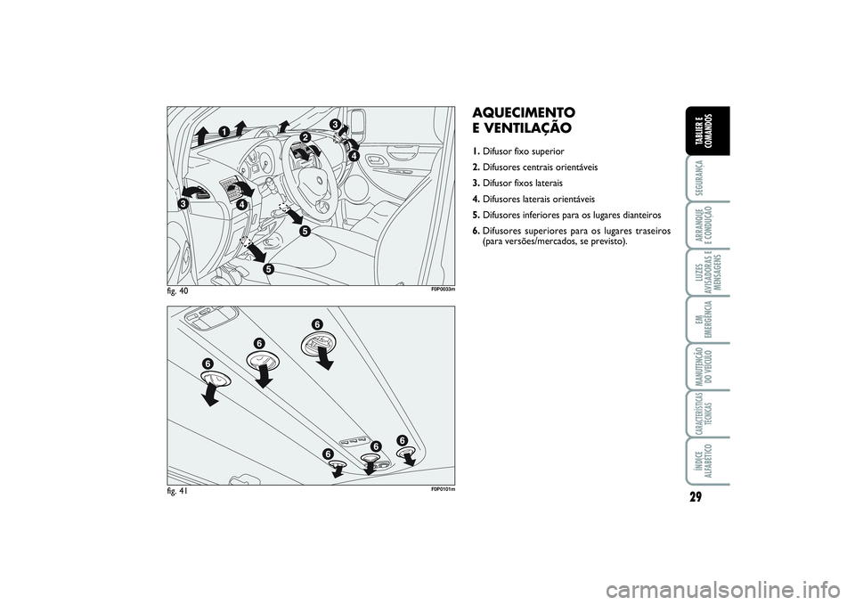 FIAT SCUDO 2015  Manual de Uso e Manutenção (in Portuguese) 29
SEGURANÇAARRANQUE 
E CONDUÇÃOLUZES
AVISADORAS E
MENSAGENSEM
EMERGÊNCIAMANUTENÇÃO
DO VEÍCULOCARACTERÍSTICAS
TÉCNICASÍNDICE
ALFABÉTICOTABLIER E
COMANDOS
AQUECIMENTO 
E VENTILAÇÃO1.Difuso