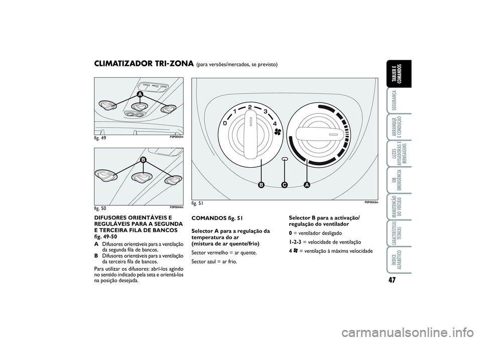 FIAT SCUDO 2015  Manual de Uso e Manutenção (in Portuguese) 47
SEGURANÇAARRANQUE 
E CONDUÇÃOLUZES
AVISADORAS E
MENSAGENSEM
EMERGÊNCIAMANUTENÇÃO
DO VEÍCULOCARACTERÍSTICAS
TÉCNICASÍNDICE
ALFABÉTICOTABLIER E
COMANDOS
COMANDOS fig. 51
Selector A para a 