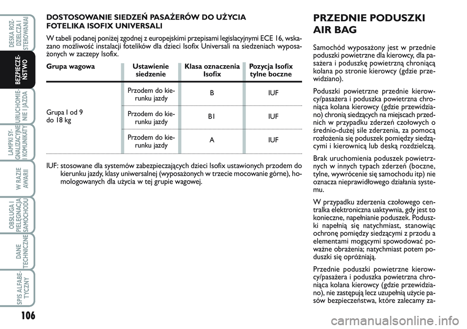 FIAT SCUDO 2012  Instrukcja obsługi (in Polish) PRZEDNIE PODUSZKI
AIR BAG
Samochód wyposażony jest w przednie
poduszki powietrzne dla kierowcy, dla pa-
sażera i poduszkę powietrzną chroniącą
kolana po stronie kierowcy (gdzie prze-
widziano).