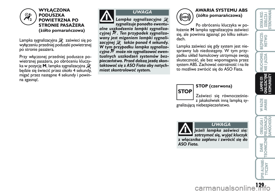 FIAT SCUDO 2012  Instrukcja obsługi (in Polish) 129
BEZPIECZE-
ŃSTWO
URUCHOMIE-
NIE I JAZDA
W RAZIE
AWA R I I
OBSŁUGA I
PIELĘGNACJA
SAMOCHODU
DANE
TECHNICZNE
SPIS ALFABE-
TYCZNY
DESKA ROZ-
DZIELCZA I
STEROWANIAI
LAMPKI SY-
GNALIZACYJNE
I KOMUNIK