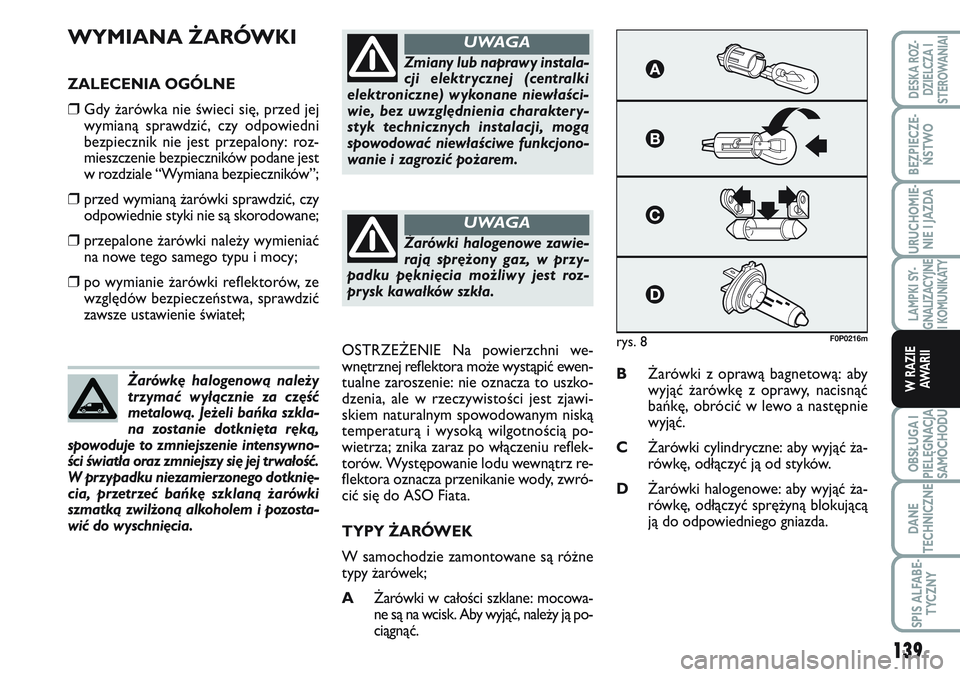 FIAT SCUDO 2012  Instrukcja obsługi (in Polish) WYMIANA ŻARÓWKI
ZALECENIA OGÓLNE
❒Gdy żarówka nie świeci się, przed jej
wymianą sprawdzić, czy odpowiedni
bezpiecznik nie jest przepalony: roz-
mieszczenie bezpieczników podane jest
w rozd