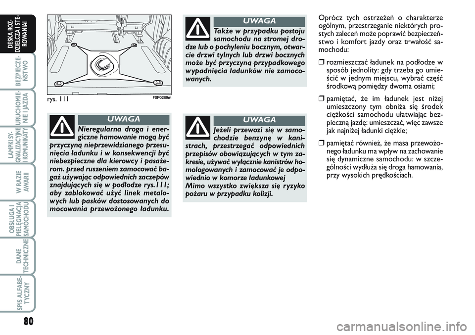FIAT SCUDO 2012  Instrukcja obsługi (in Polish) 80
BEZPIECZE-
ŃSTWO
URUCHOMIE-
NIE I JAZDA
LAMPKI SY-
GNALIZACYJNE
I KOMUNIKATY
W RAZIE
AWA R I I
OBSŁUGA I
PIELĘGNACJA
SAMOCHODU
DANE
TECHNICZNE
SPIS ALFABE-
TYCZNY
DESKA ROZ-
DZIELCZA I STE-
ROWA