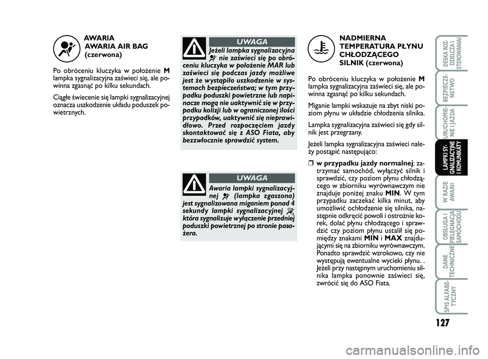 FIAT SCUDO 2013  Instrukcja obsługi (in Polish) 127
BEZPIECZE-
ŃSTWO
URUCHOMIE-
NIE I JAZDA
W RAZIE
AWA R I I
OBSŁUGA I
PIELĘGNACJA
SAMOCHODU
DANE
TECHNICZNE
SPIS ALFABE-
TYCZNY
DESKA ROZ-
DZIELCZA I
STEROWANIAI
LAMPKI SY-
GNALIZACYJNE
I KOMUNIK