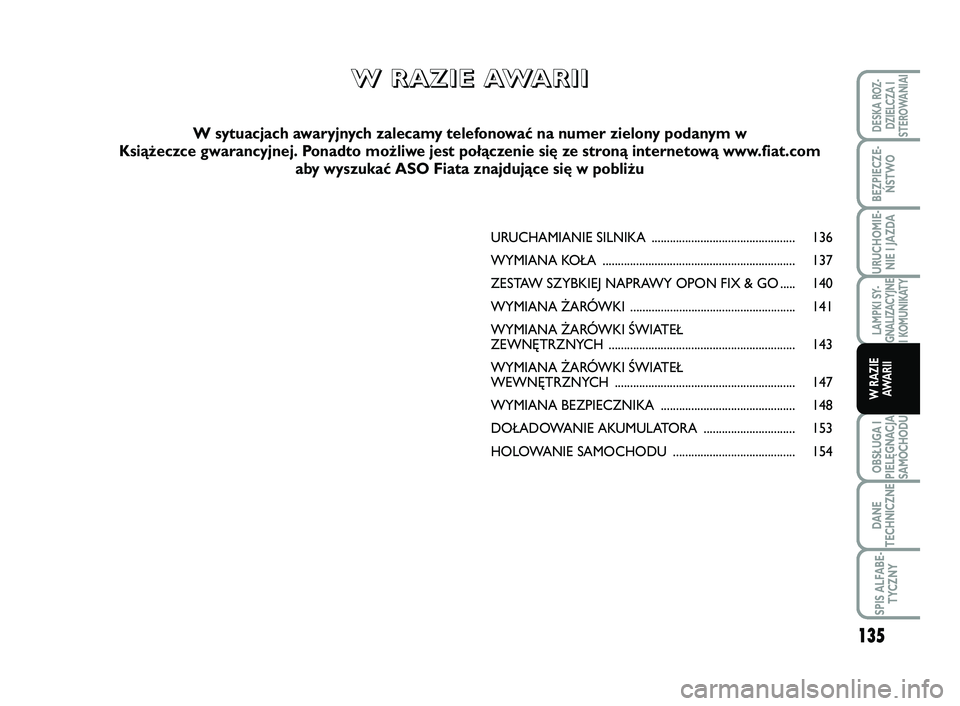 FIAT SCUDO 2013  Instrukcja obsługi (in Polish) URUCHAMIANIE SILNIKA ............................................... 136
WYMIANA KOŁA ............................................................... 137
ZESTAW SZYBKIEJ NAPRAWY OPON FIX & GO ..... 1